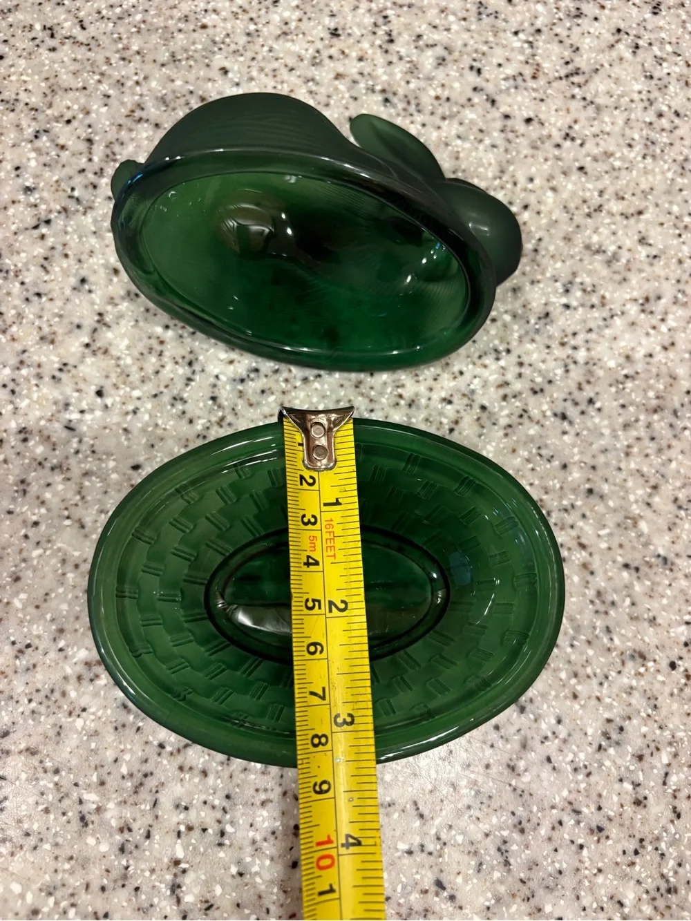 Frosted dark green glass rabbit candy dish